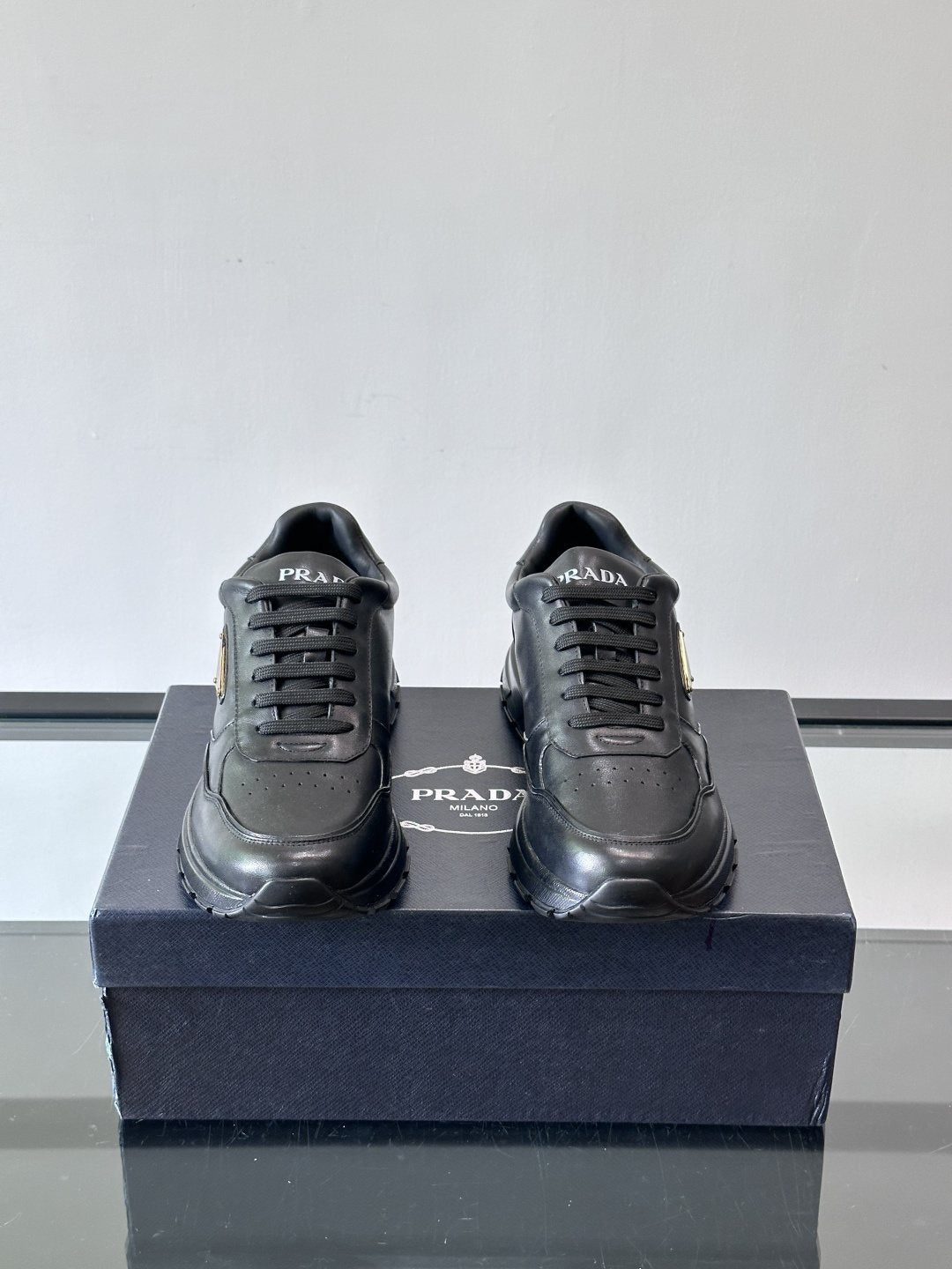 Prada Men's Triangle Plaque Low-Top Sneakers - Thick Lug Sole