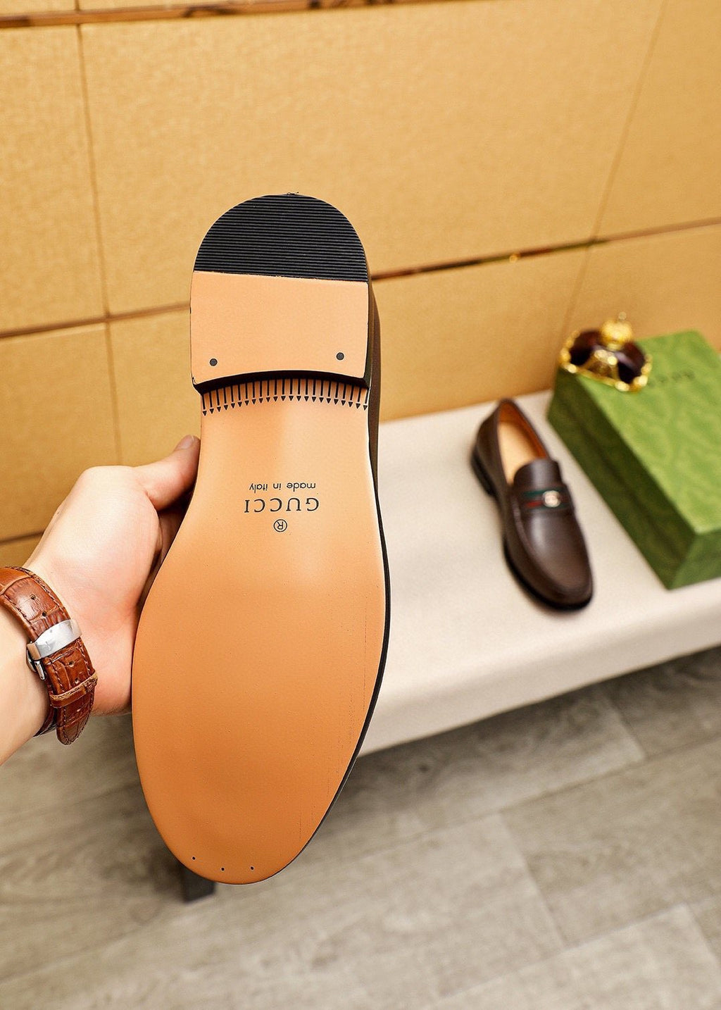 Gucci Web Stripe Leather Loafers