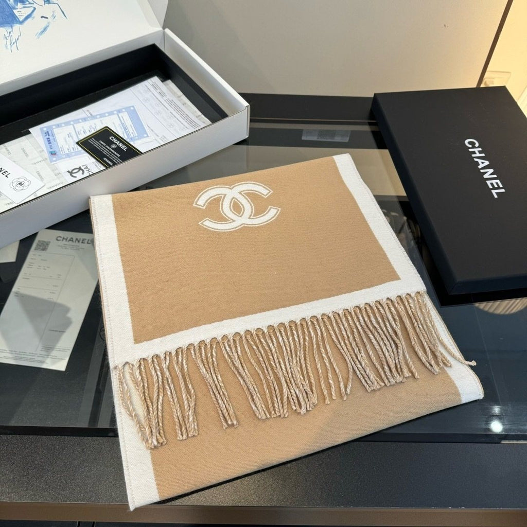 Chanel Contrast Panel Fringed Scarf