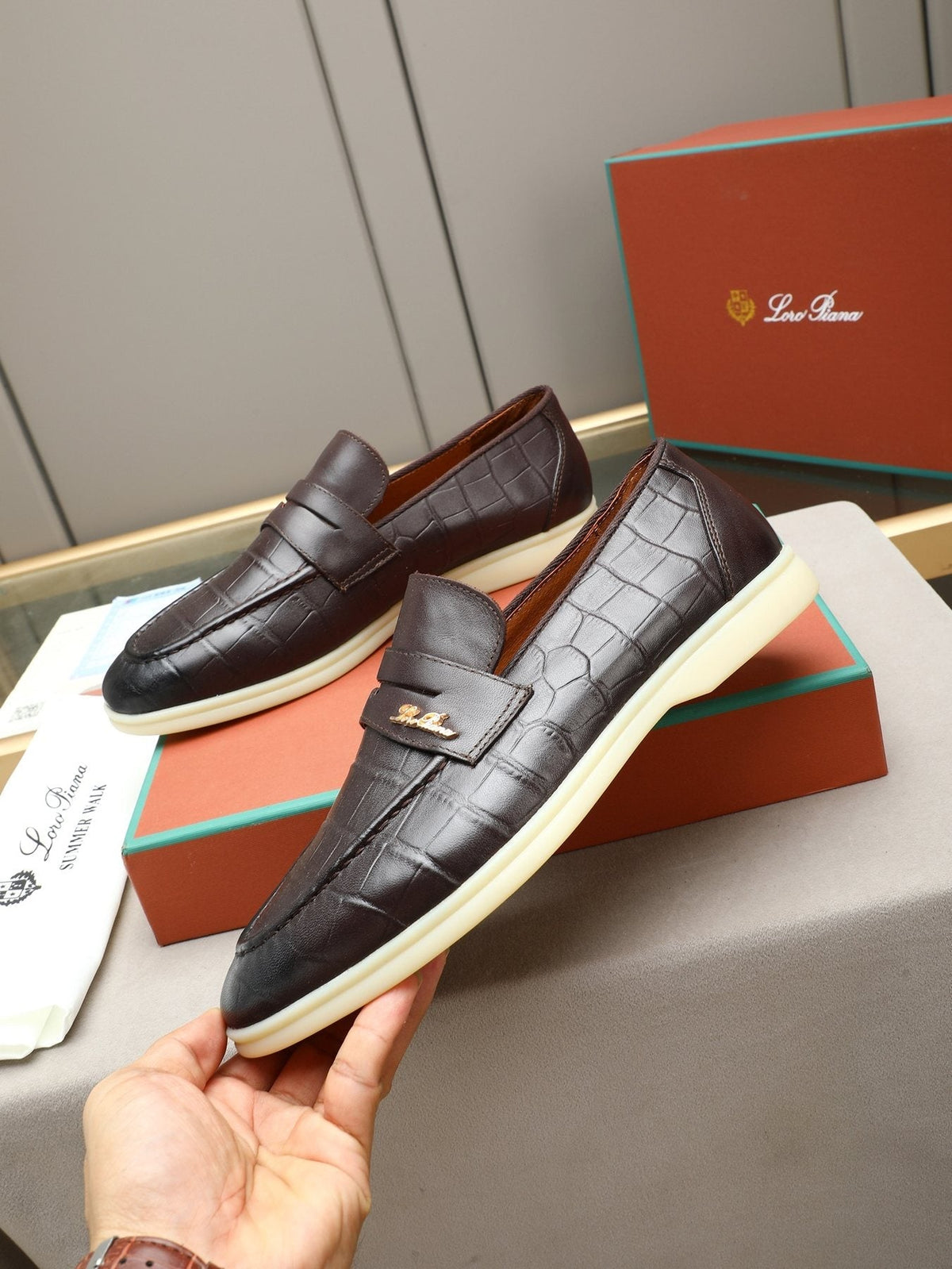 Loro Piana Men's Crocodile-Embossed Loafers